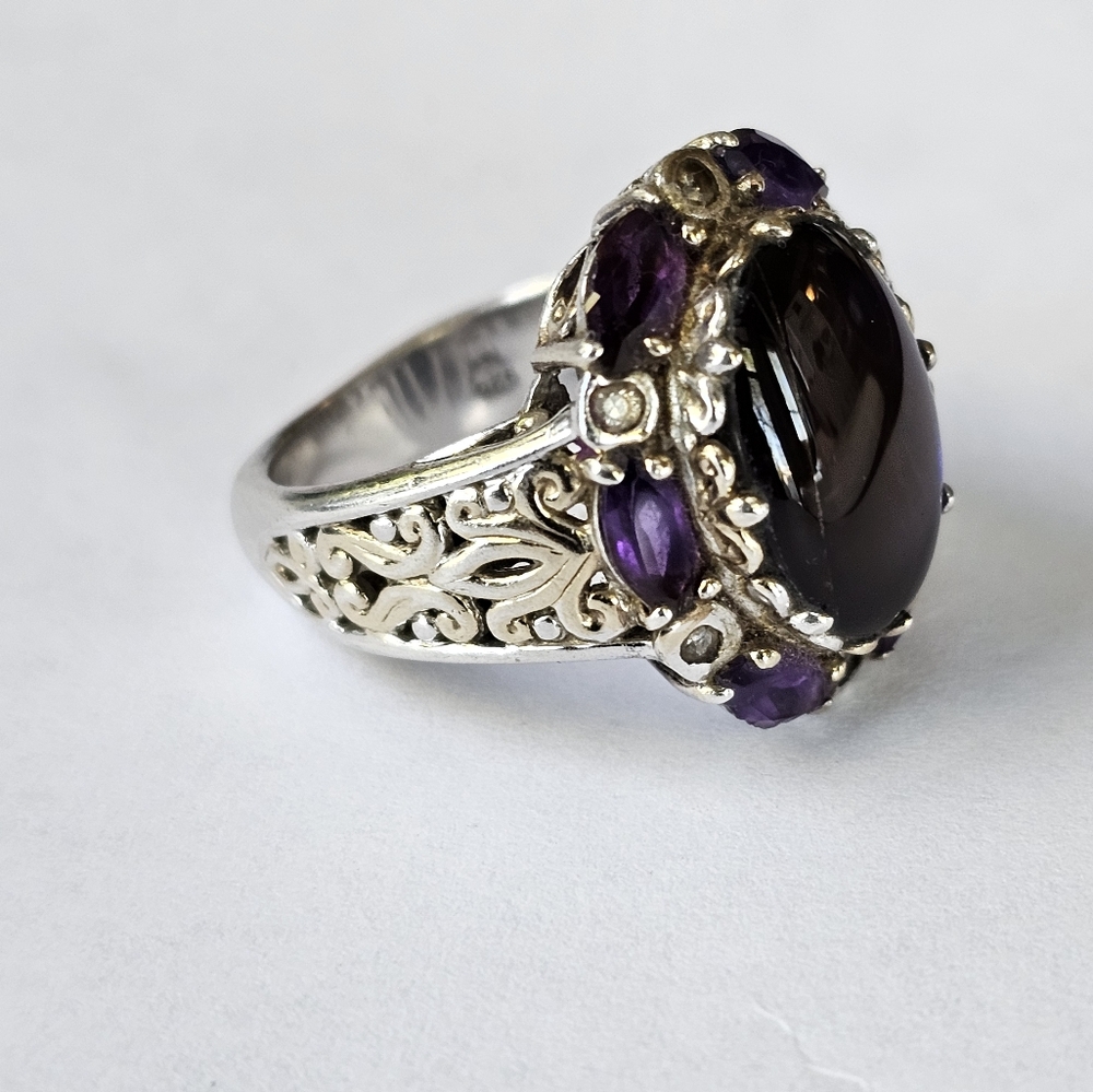 Vintage ✨️ Ammolite & Amethyst Ring in Palladium Sterling Silver Sz 6! - Picture 3 of 12